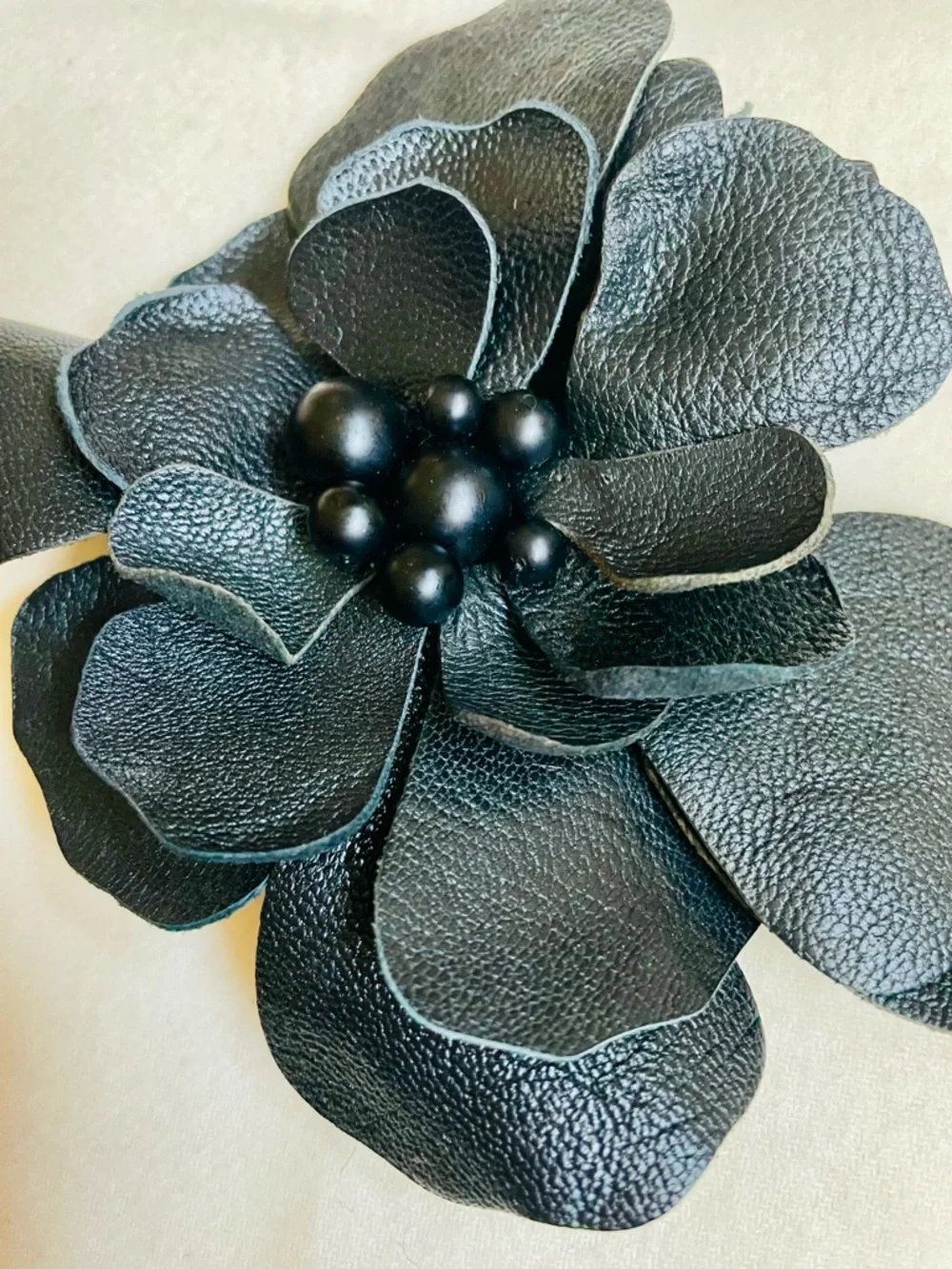 Chico’s Black Leather Floral Brooch | Camellia Statement Magnetic Pin | Y2K